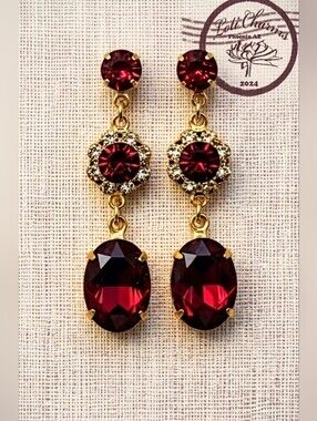 Victorian Red Flower Crystals In Three Tier Gold Plated Earrings